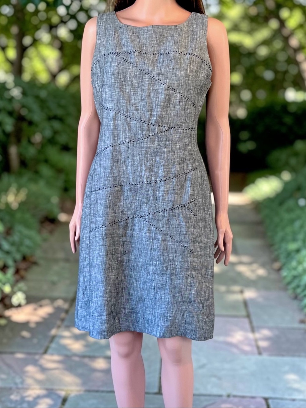Vintage Saint Tropez West Linen Sheath Dress Gray Black Size 4 Y2K Minimalist